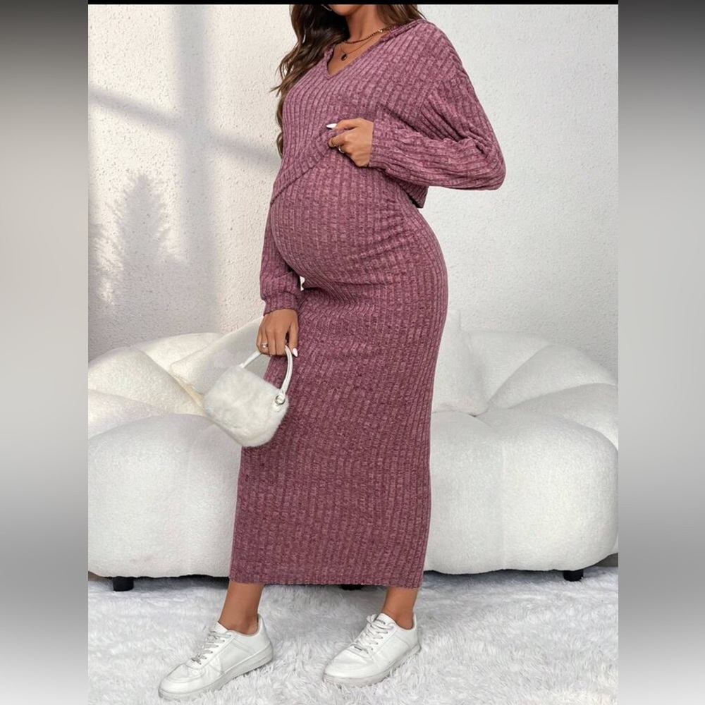 SHEIN maternity Textured Knit Midi Skirt in Dusty Rose-medium